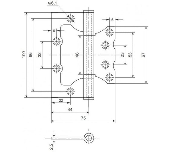 Петля стальная без врезки с подшипником Rucetti бабочка RFHN-100*75*2,5 SC, цвет матовый хром 9016530