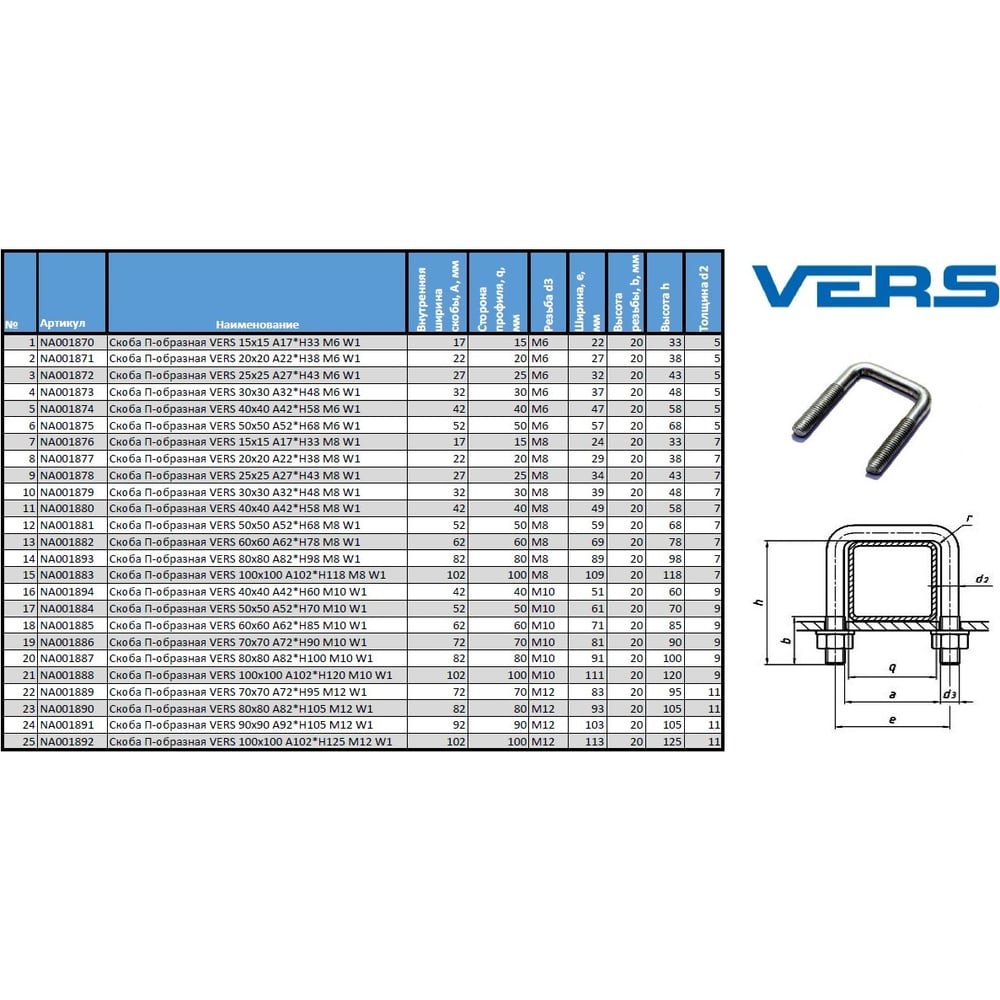 П-образная скоба VERS 40x40, A42-H60, М10, W1, 20 шт VR001295 ...