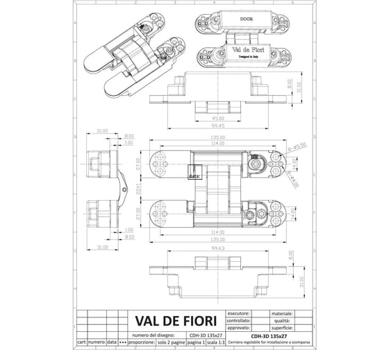 Петля дверная скрытой установки VAL DE FIORI 135х27 мм, соосная, универсальная, с 3D-регулировкой, черный матовый CDH-3D 135x27 MBL (2шт)