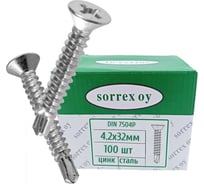 Саморез по металлу с потайной головкой SORREX 4,2x32 DIN 7504P оцинкованный со сверловым наконечником (100 штук) 7504P-1-042-032-100