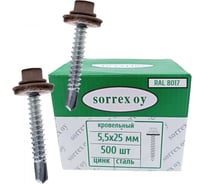 Саморезы кровельные со сверлом SORREX по металлу, оцинкованные, RAL8017 5,5x25 окрашенные, с пресс-шайбой, для профнастила и металлочерепицы, 500 шт. KRS-R8017-055-025 500