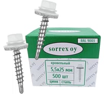 Саморезы кровельные со сверлом SORREX по металлу, оцинкованные, RAL9003 5,5x25 окрашенные, с пресс-шайбой, для профнастила и металлочерепицы, 500 шт. KRS-R9003-055-025 500