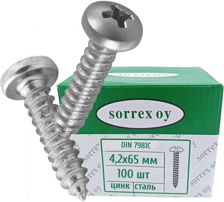Саморез по металлу SORREX по металлу с полукруглой головкой 4,2x6,5 DIN 7981С оцинкованный с острым наконечником 100 штук 7981С-1-042-0065-100
