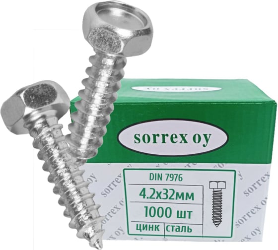Саморез SORREX 4,2x32 с шестигранной головой DIN 7976 оцинкованный с острым наконечником 1000 штук 7976-1-042-032