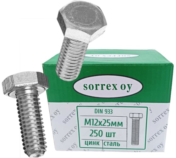 Болт SORREX DIN 933, М12x25 мм, оцинкованный, к.п. 5.8, 250 шт. 0933-105-12-025 250 1