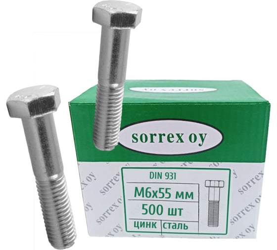 Болт SORREX DIN 933 М6x55 мм оцинкованный класс прочности 8.8 500 штук 0933-108-06-055 500 1