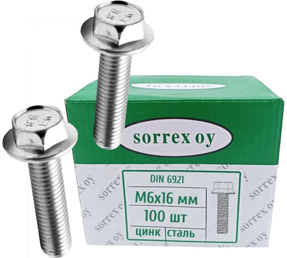 Болт с фланцем SORREX М6x16 шестигранный DIN 6921 оцинкованный 100 штук 6921-TENS-108-06-16 100 1