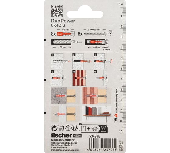 Дюбель универсальный fischer 8x40 DUOPOWER ШУР_8ШТ 534998