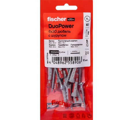 Дюбель с шурупом Fischer DUOPOWER 6x30 (12шт.) 577316