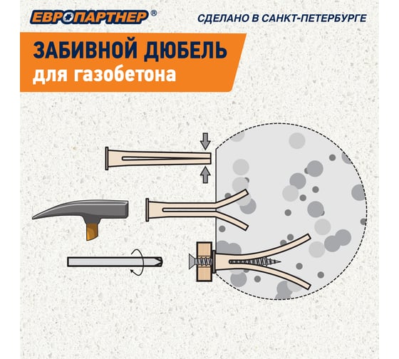 Дюбель для газобетона забивной ЕВРОПАРТНЕР TAIL c шурупом 5x60мм (4 шт.) 11 0050 12