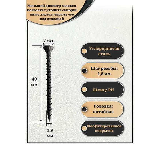 Саморез шуруп для крепления ГВЛ (гипсокартон) 23 БОЛТА 3,9x40 1 кг БП-00002625кг