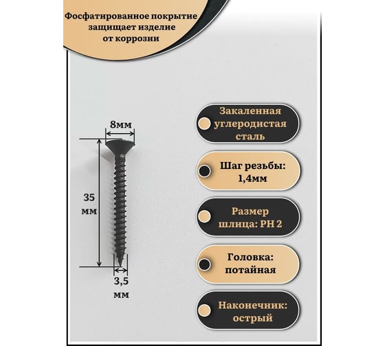 Саморез шуруп по металлу 23 Болта 3,5x35 мелкая резьба, чёрный, 15 кг. БП-00001976пром