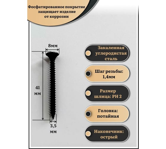 Саморез шуруп по металлу 23 Болта 3,5x41 мелкая резьба, чёрный, 15 кг. БП-00001978пром