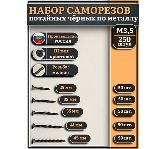 Саморезы черные по металлу 23 Болта М3,5 мелкая резьба, набор 2, 250 шт. ЧСнаборМ3.5мелк.рез.ф50