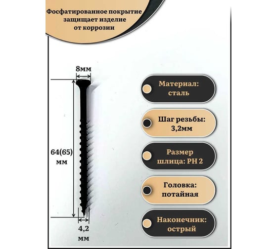 Саморез шуруп по дереву 23 Болта 4,2x64(65) крупная резьба, чёрный, 15 кг. БП-00002511пром