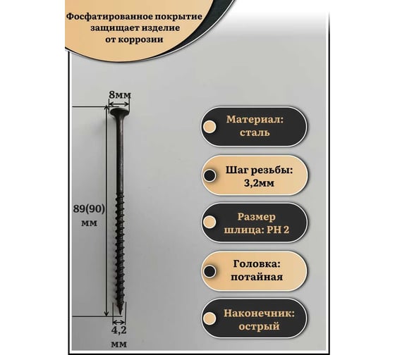 Саморез шуруп по дереву 23 Болта 4,2x89(90) крупная резьба, чёрный, 15 кг. БП-00002256пром