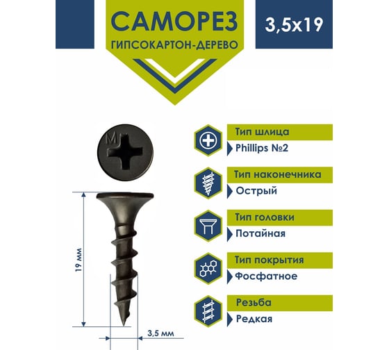 Саморез Daxmer ГКЛ по дереву усиленный 3,5х19 короб 1 кг 00000335582