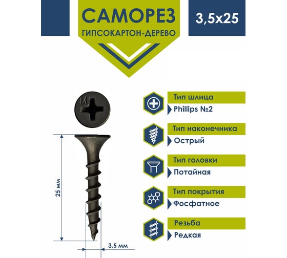 Усиленный саморез ГКЛ по дереву Daxmer3,5х25, 1 кг короб, 00000335563