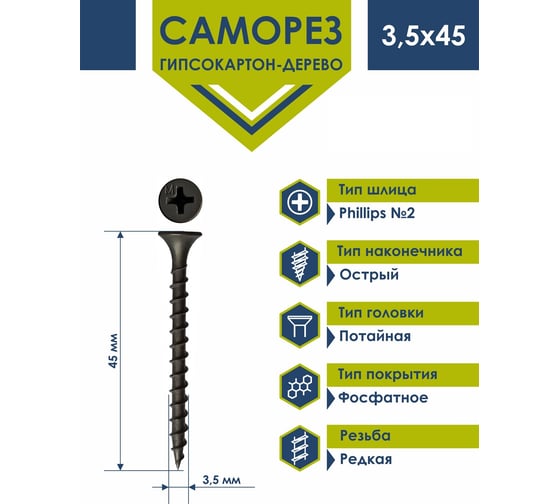 Усиленный саморез ГКЛ по дереву Daxmer3,5х45, 1 кг короб, 00000335568