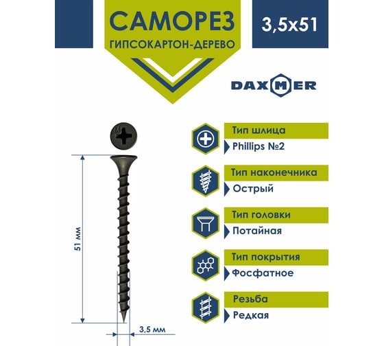 Саморез Daxmer ГКЛ по дереву усиленный 3,5х51 короб 15 кг 00000394200