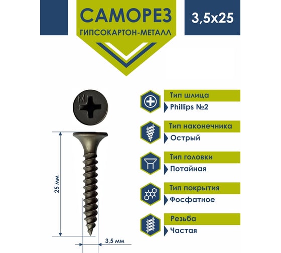Саморез Daxmer ГКЛ по металлу усиленный 3,5х25 фосфатированный, короб 1 кг 00000335577