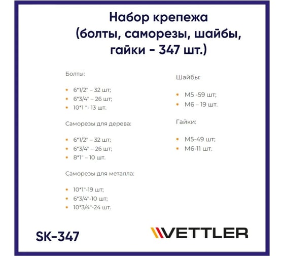 Набор крепежа VETTLER 347 шт. SK347