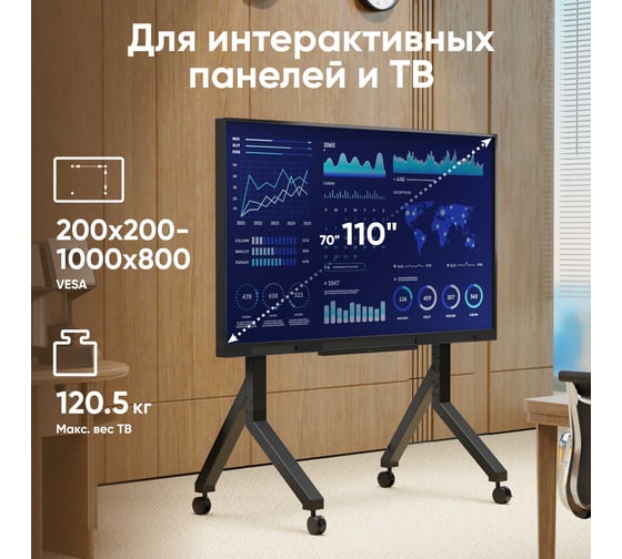 Мобильная стойка для ТВ ONKRON 70"-110", макс 120.5 кг, чёрная TS2081 TS2081-B