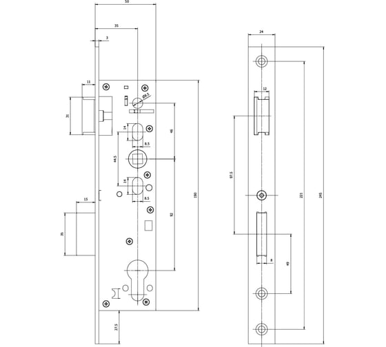 Корпус замка DOORLOCK DL301 35/92/24/8 SSS нержавеющая сталь для профильных дверей, фронтальная планка 24x245мм, запорная планка 75368