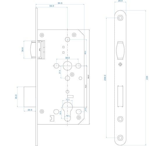Корпус замка с роликом DOORLOCK DL401R/C/55/20/SSS матовая нержавеющая сталь, под цилиндр, бэксет 55 мм, фронтальная планка 20 мм 75306