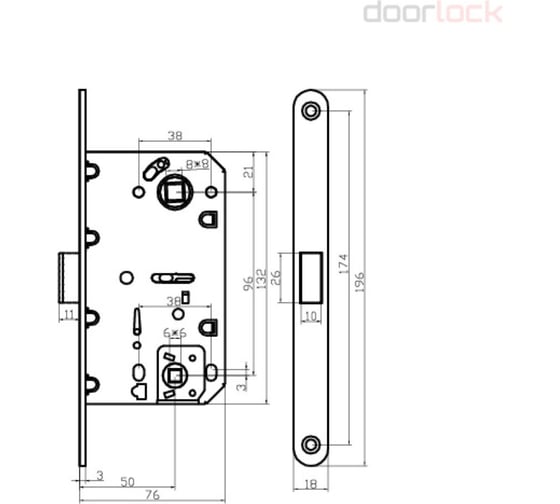 Корпус замка с магнитной защелкой Doorlock DL452M/WC/50/96/18/SN, матовый никель, WC, бэксет 50мм, межосевое расстояние 96мм, фронтальная планка 75289