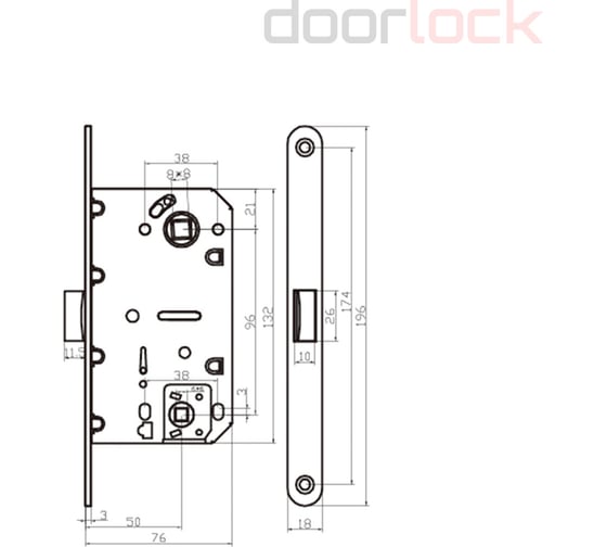 Корпус замка DOORLOCK V 432/WC/50/96/18/SN, матовый никель, WC, бэксет 50мм, межосевое расстояние 96мм, фронтальная планка шириной 18мм, шток 6 79127