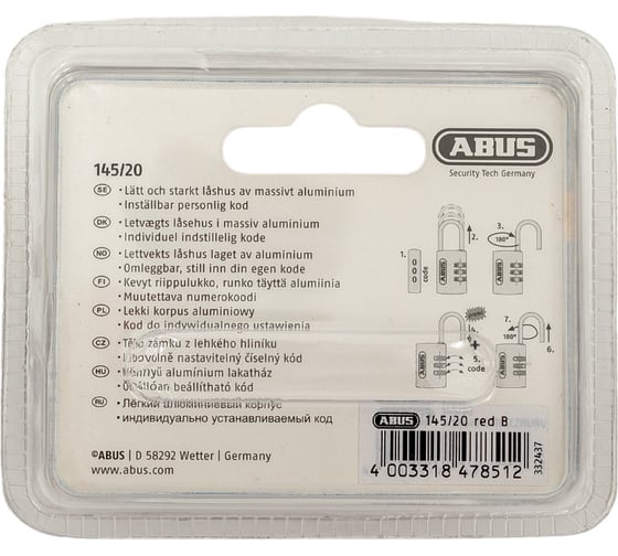 Навесной замок кодовый ABUS 145/20 RED (красный) B/SDKNFINPLCZHRUS 64925