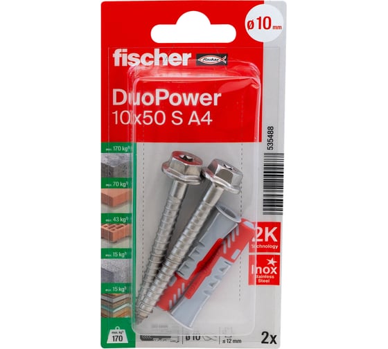 Дюбель с шурупом Fischer DUOPOWER 10x50 S A4 K NV 535488