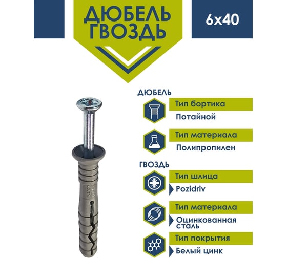 Дюбель-гвоздь Daxmer 6х40 потайная манжета, полипропилен 200 шт 00000333564