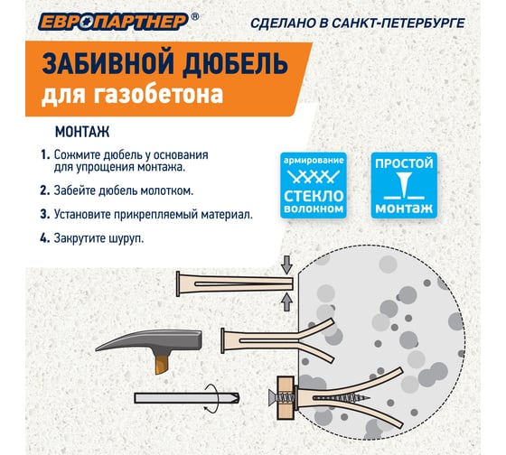 Дюбель для газобетона забивной ЕВРОПАРТНЕР TAIL (20 шт.) 1 0334 2