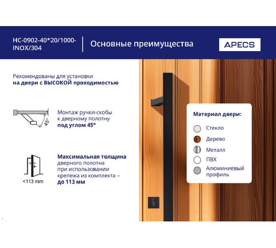 Ручки-скобы APECS Square HC-0902-40*20/1000-INOX/304-SS (DTJ-Q45) 00034582