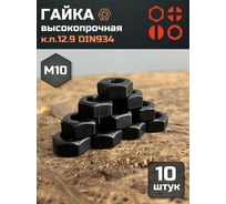 Гайка 23 Болта, М10, высокопрочная, черная, к.п.12.9, ГОСТ 5927,10 шт. гкп129934ч10ф10