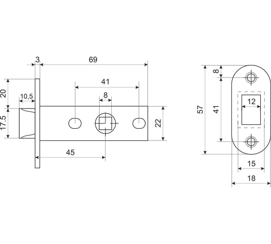 Защелка Аллюр L45-8-PR18 MBN (графит; пластик; овальная торцевая планка 18 мм; без ручек) 11729