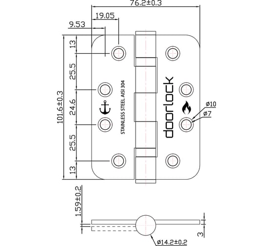 Дверные карточные скругленные петли Doorlock DL H102/76/2B/R/SSS (2 шт, матовая нержавеющая сталь, 102x76x3 мм) 74075