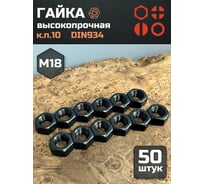 Гайка 23 БОЛТА черная, М18, высокопрочная, к.п.10, DIN934, 50 шт 2000000166209ф50