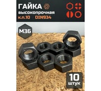 Гайка 23 БОЛТА черная, М36, высокопрочная, к.п.10, DIN934, 10 шт 7749ф10