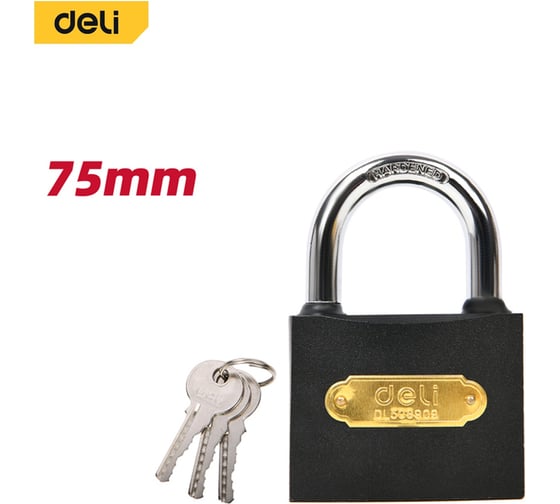 Замок навесной Deli стальной, 75мм DL508909, 3 ключа, латунная личинка 179403 1