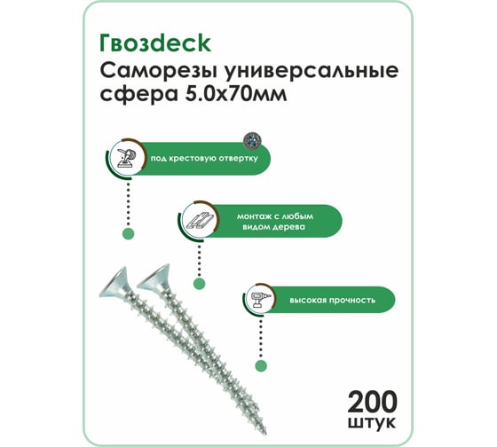 Универсальный саморез Гвозdeck Advanced 5.0х70, сфера, 200 шт. 20155070WHPZRD2