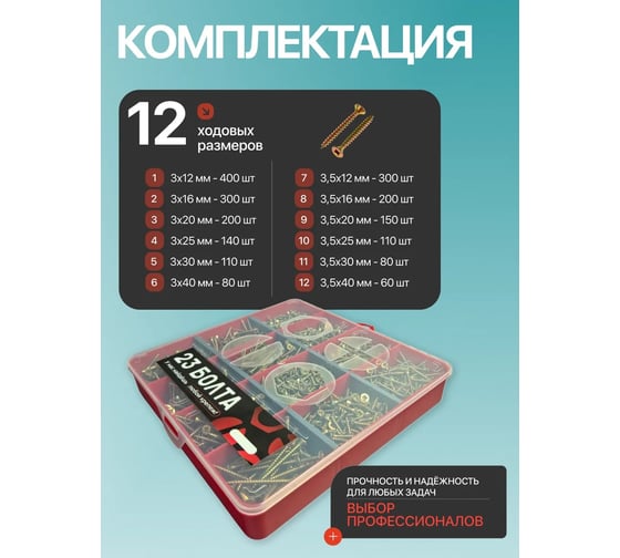 Саморезы шурупы по дереву 23 Болта М3 М3,5 ЖЦ в органайзере НАБОР