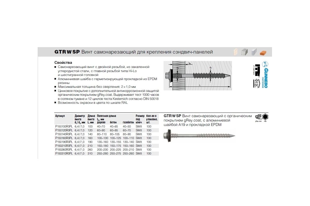 Винт для сэндвич-панелей Etanco GTRW SP 6.4x120, gReycoat, 100 шт.  P150120R0PL