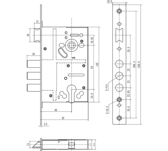 Корпус цилиндрового замка DOORLOCK DL8252С/60/85мм, хромированная фронтальная планка 26х230мм, реверсивный, диаметр ригелей 14 мм 75329