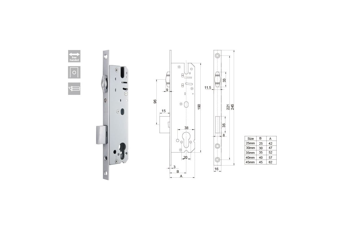 Врезной дверной замок DORF для ПВХ, м/о 92 мм, пл. 16 мм, д/м 35 мм, с .
