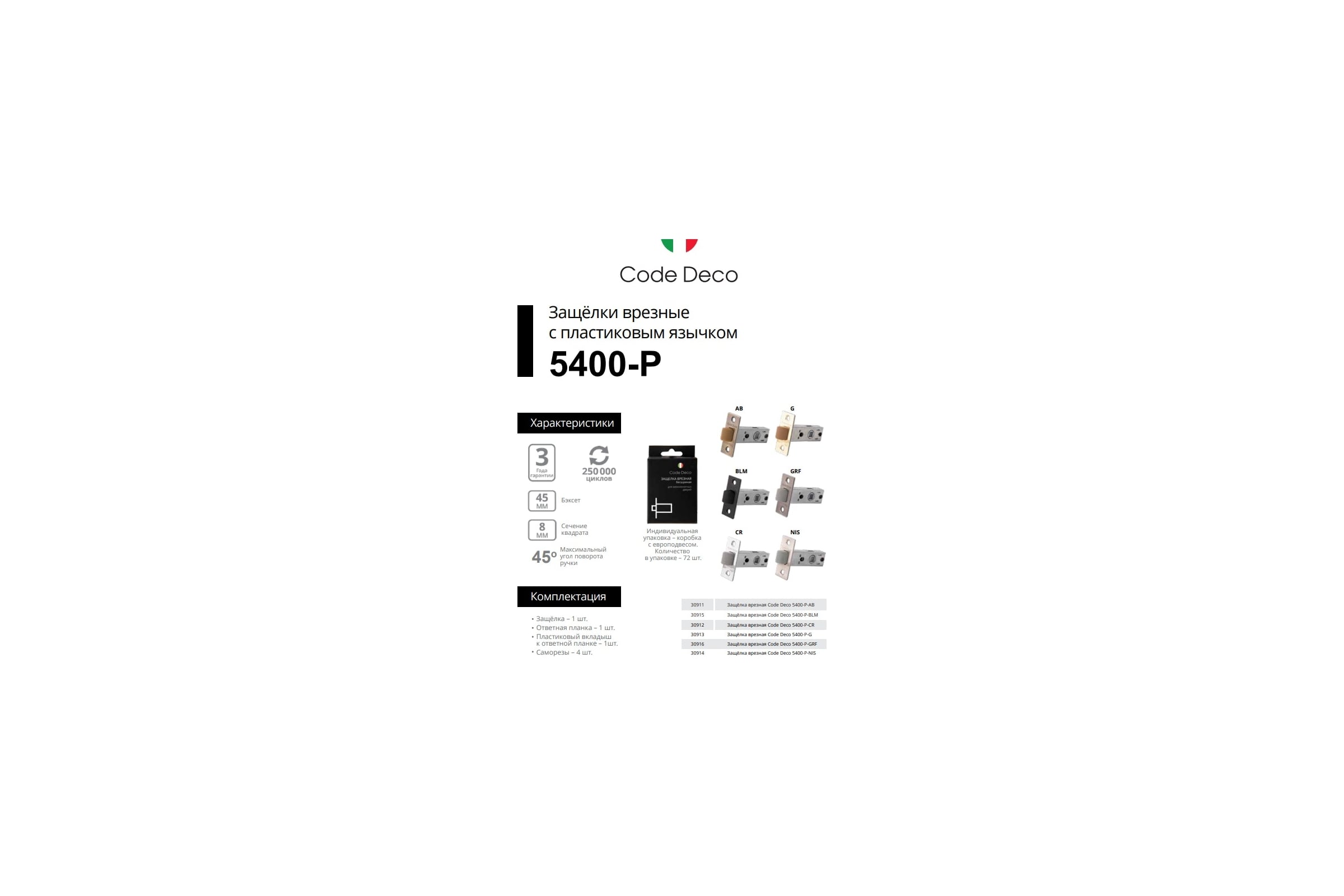 Врезная защелка Code Deco 5400-P-BLM 30915 - выгодная цена, отзывы