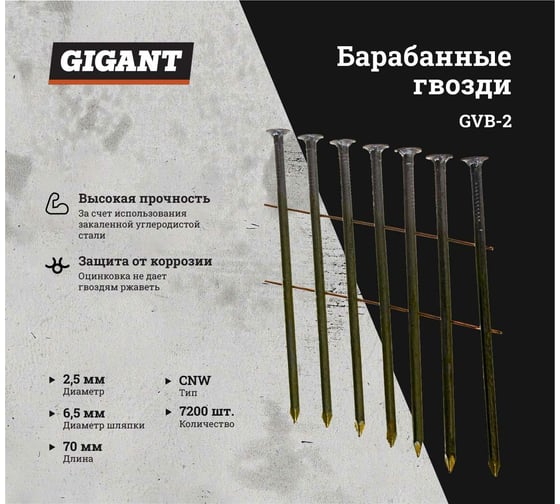 Гвоздь Gigant цинк 2,5x70 гладкие BK 7200 шт. GVB-2
