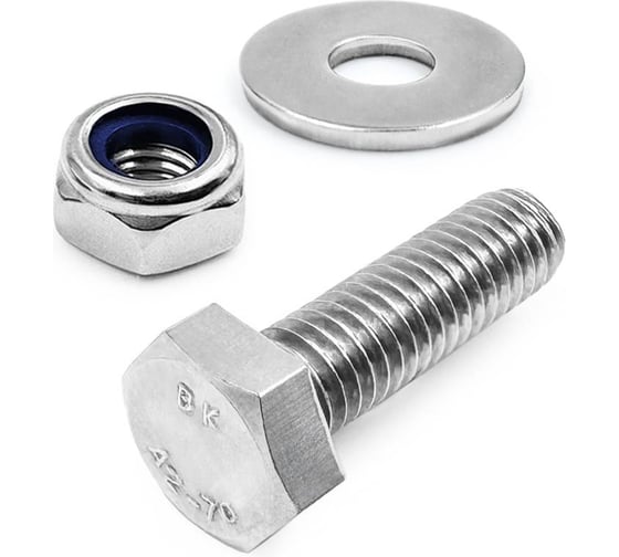 Болт нержавеющий KREPFIELD М6х35 мм DIN 933 с самоконтрящейся гайкой и шайбой, 50 шт 933_985_9021А2набор6Х35-50